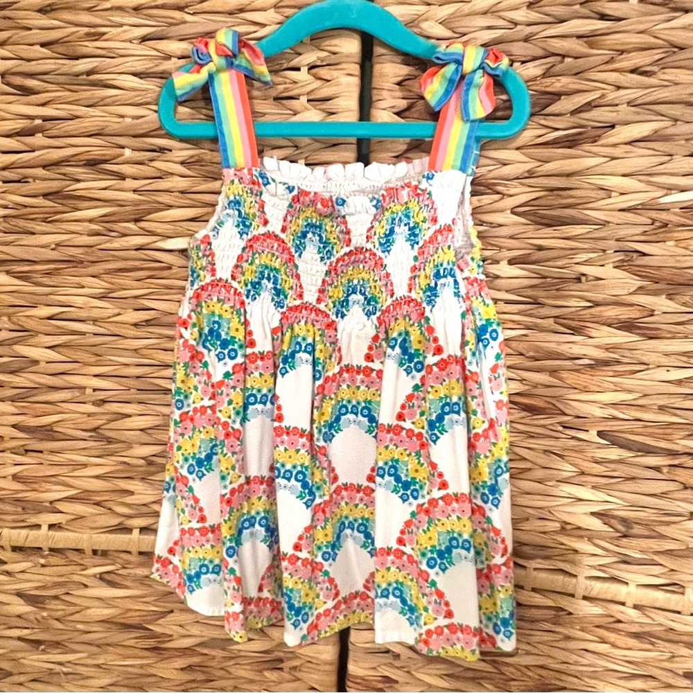 Boden Girls Tie Shoulder Smocked Top 7-8Y Floral Rainbows